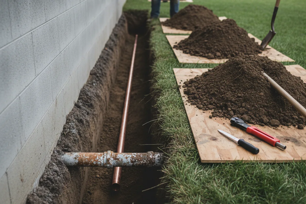 Excavated water line trench during Sewer Line Repair in Pilot Point